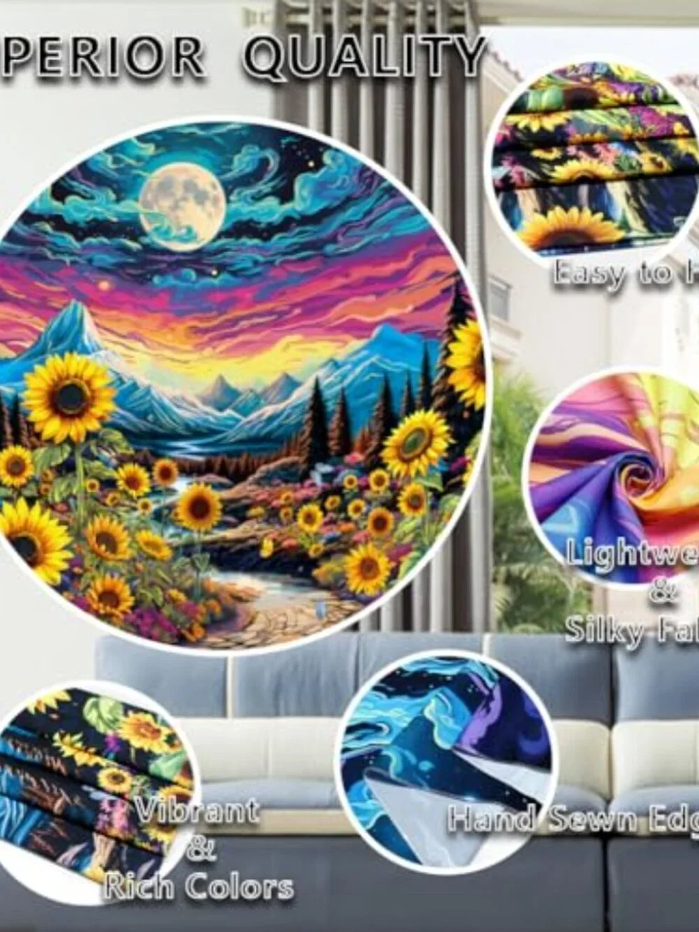 BRAND NEW Blacklight Moon Sunflower Tapestry Starry Night 59.1L x 51.2W